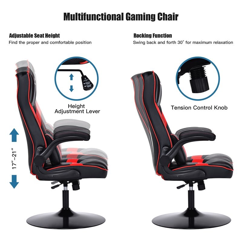 Costway PVC and Sponge Adjustable Height Swivel Rocking Gaming Chair in Red