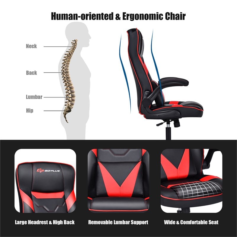 Costway PVC and Sponge Adjustable Height Swivel Rocking Gaming Chair in Red