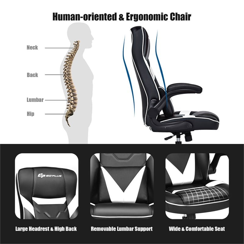 Costway PVC and Sponge Adjustable Height Swivel Rocking Gaming Chair in White