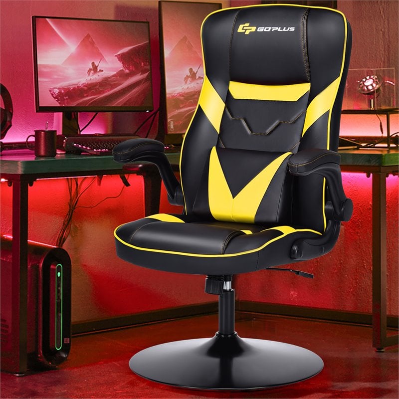 Costway PVC and Sponge Adjustable Height Swivel Rocking Gaming Chair in Yellow