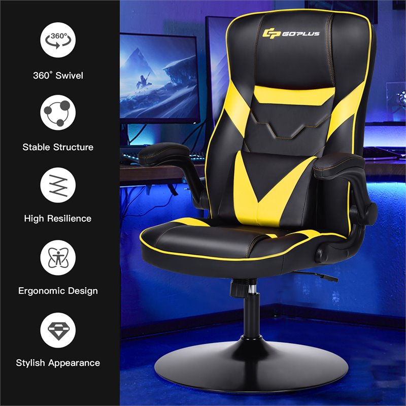 Costway PVC and Sponge Adjustable Height Swivel Rocking Gaming Chair in Yellow