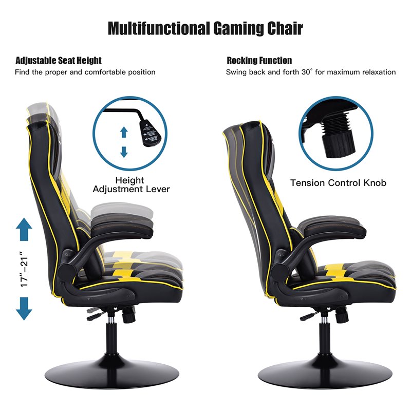 Costway PVC and Sponge Adjustable Height Swivel Rocking Gaming Chair in Yellow