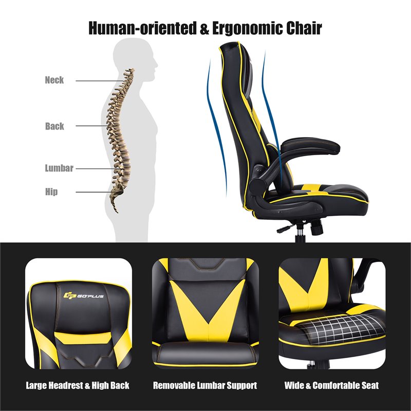Costway PVC and Sponge Adjustable Height Swivel Rocking Gaming Chair in Yellow