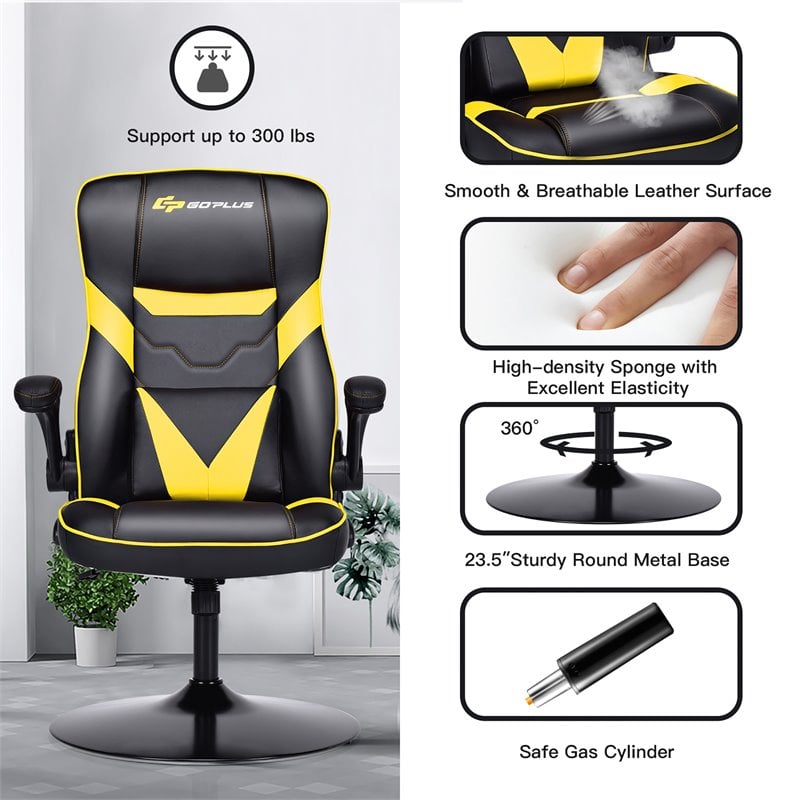 Costway PVC and Sponge Adjustable Height Swivel Rocking Gaming Chair in Yellow