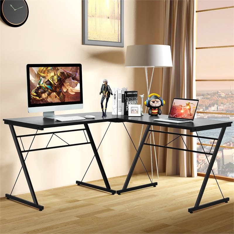 Costway 59'' L-Shaped Contemporary MDF and Iron Computer Desk in Black