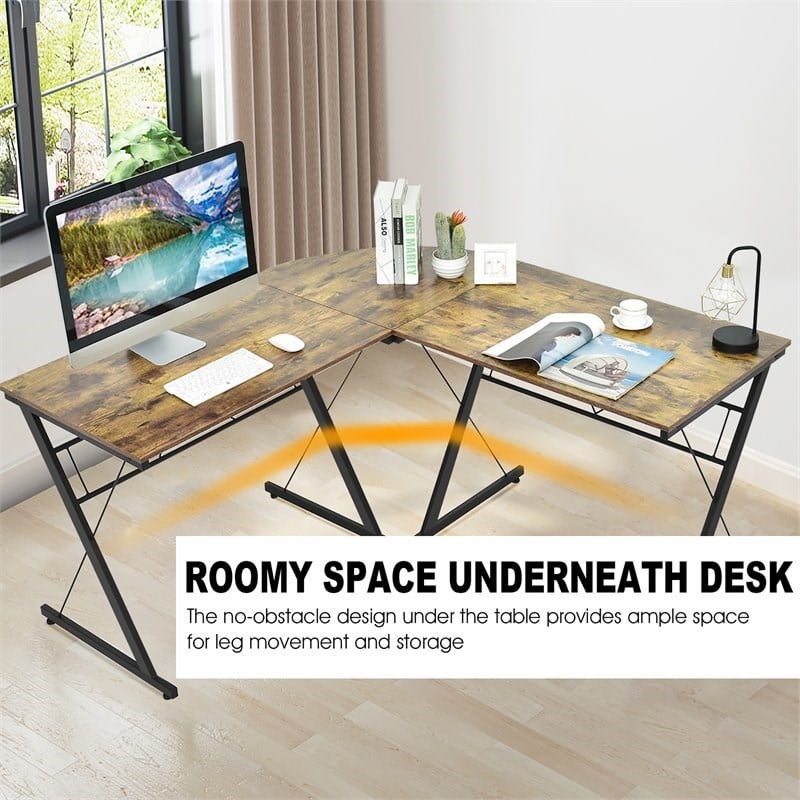 Costway 59'' L-Shaped Contemporary MDF and Iron Computer Desk in Brown