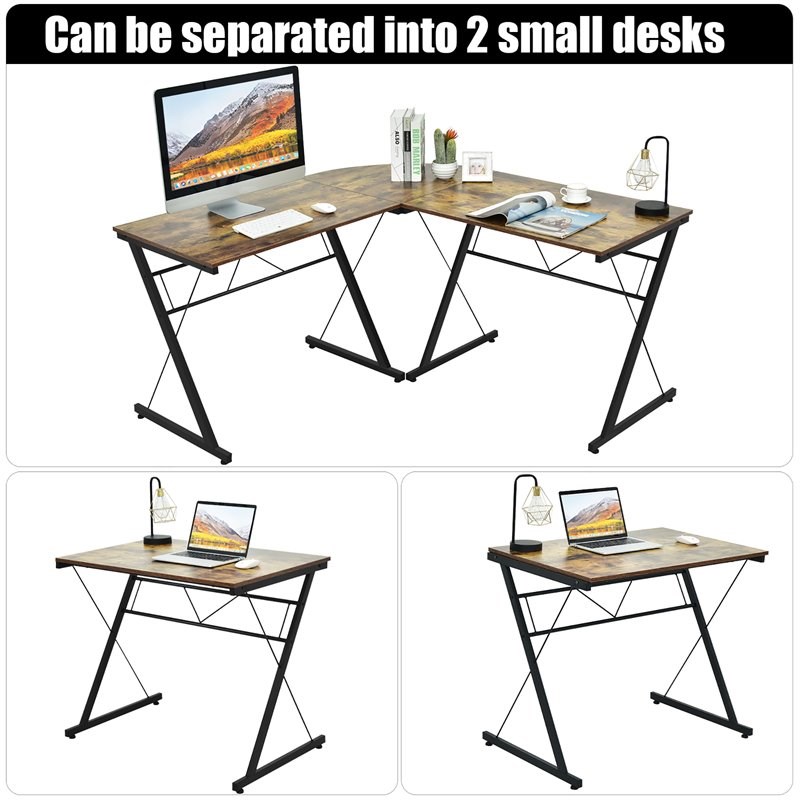 Costway 59'' L-Shaped Contemporary MDF and Iron Computer Desk in Brown