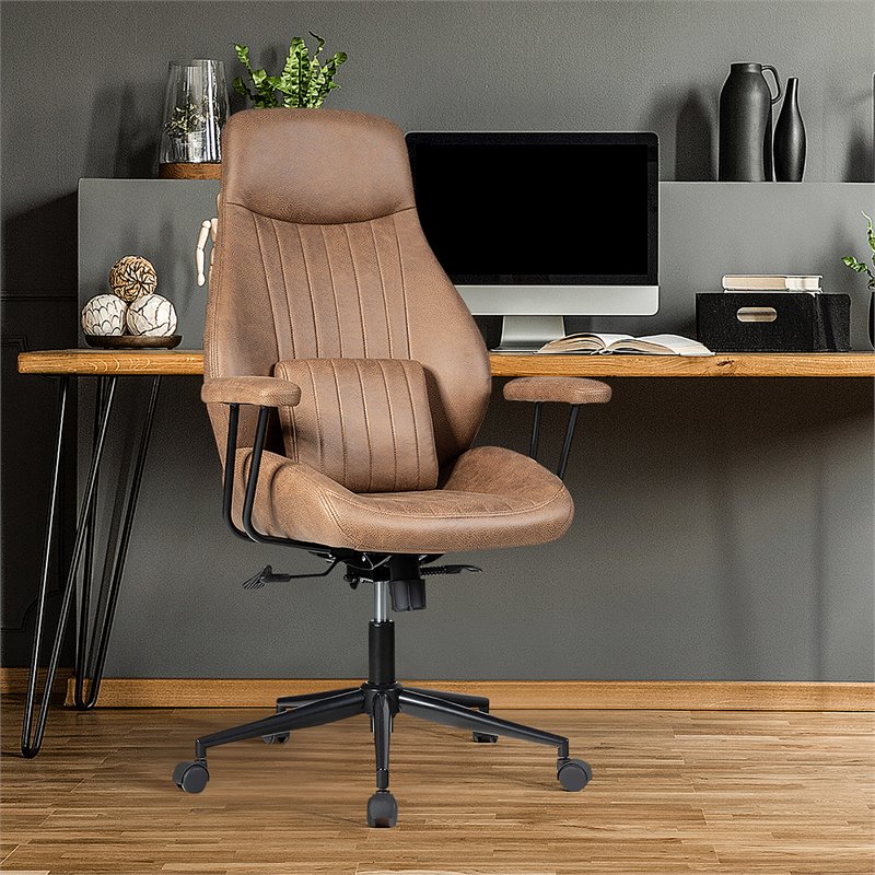 Costway Adjustable Height Suede Office Chair with Lumbar Support in Brown