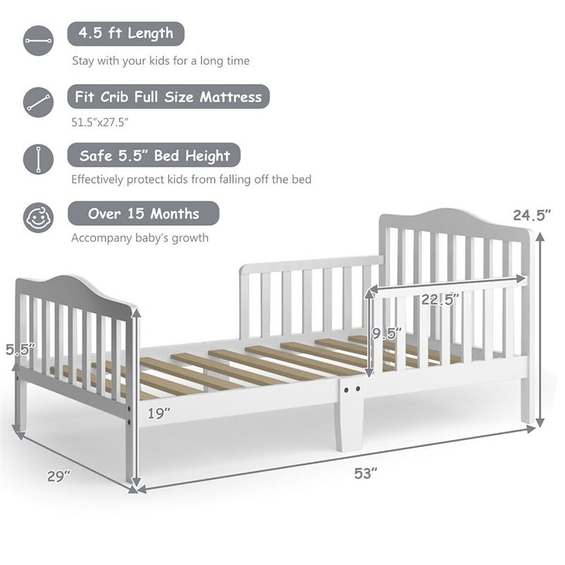 Costway Solid Rubber and Poplar Wood Toddler Bed with Guardrails in White