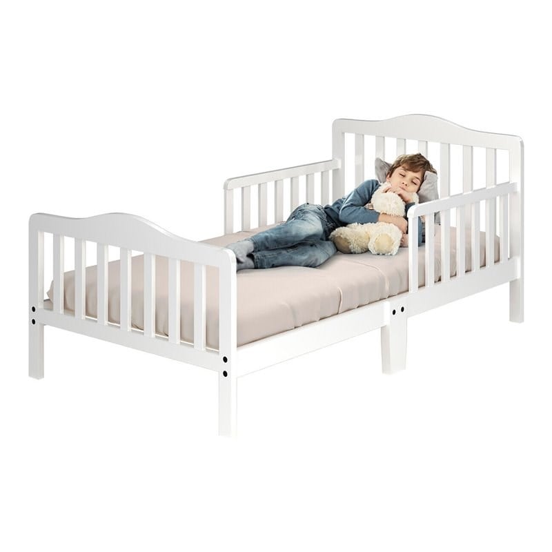 Costway Solid Rubber and Poplar Wood Toddler Bed with Guardrails in White