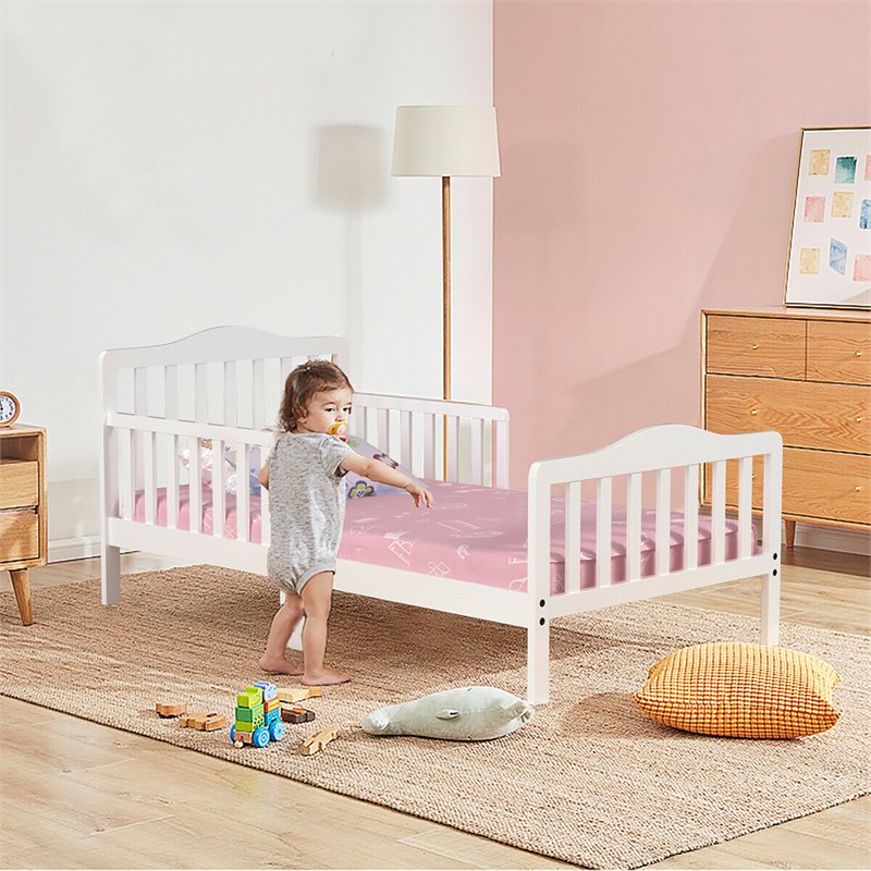 Costway Solid Rubber and Poplar Wood Toddler Bed with Guardrails in White