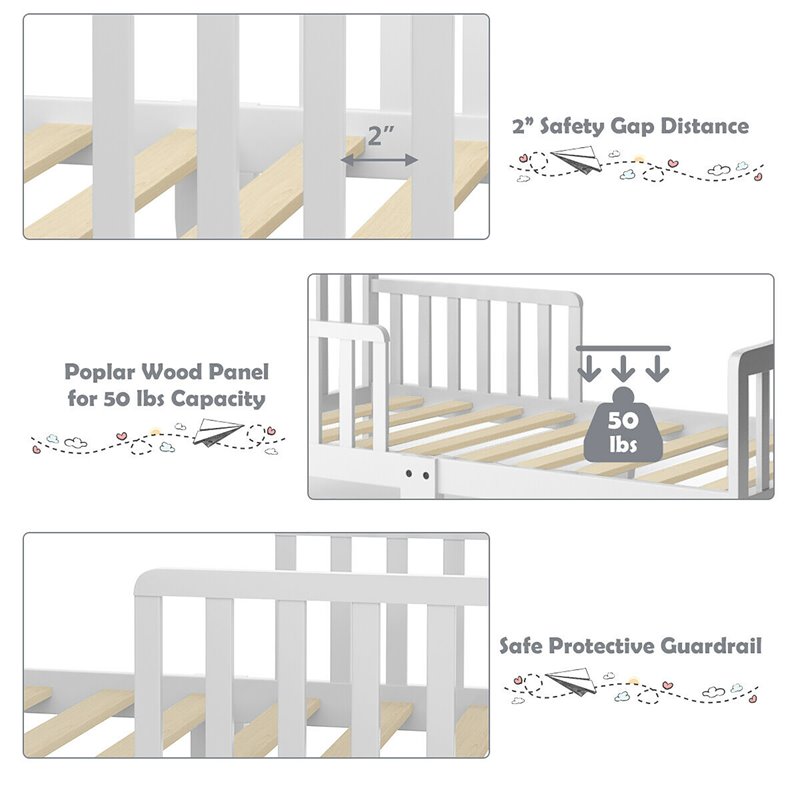 Costway Solid Rubber and Poplar Wood Toddler Bed with Guardrails in White