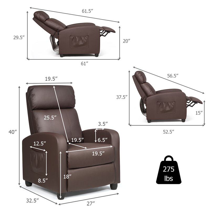 Costway Contemporary Fabric and Iron Recliner Chair with Padded Seat in Brown