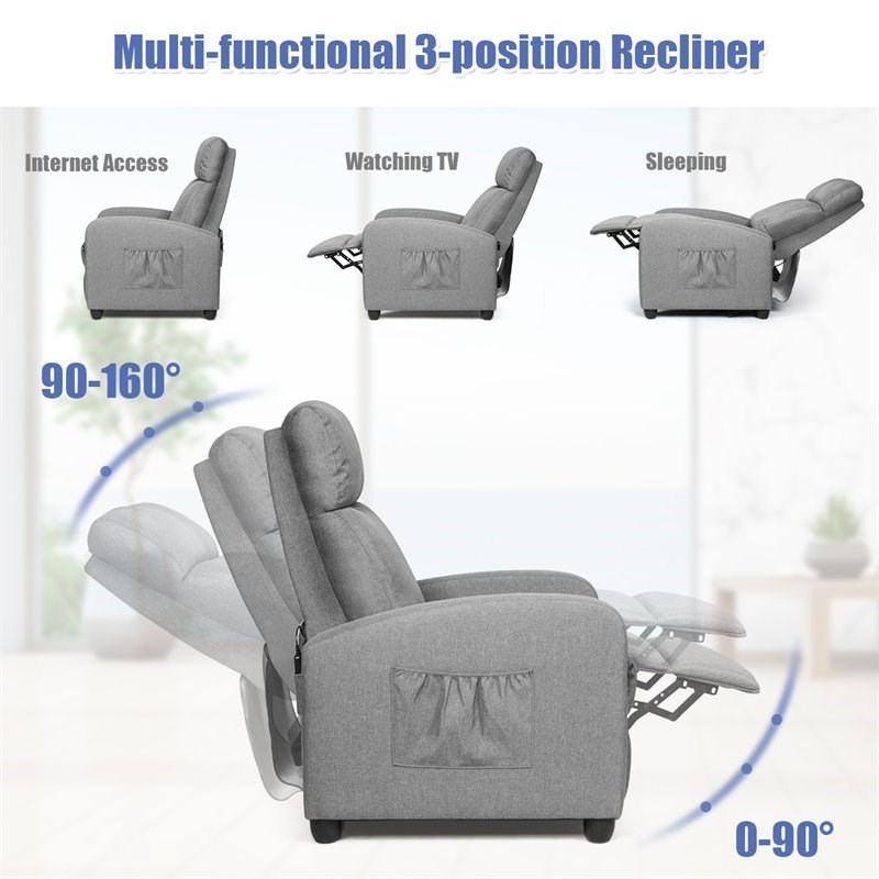 Costway Contemporary Fabric and Iron Recliner Chair with Padded Seat in Gray