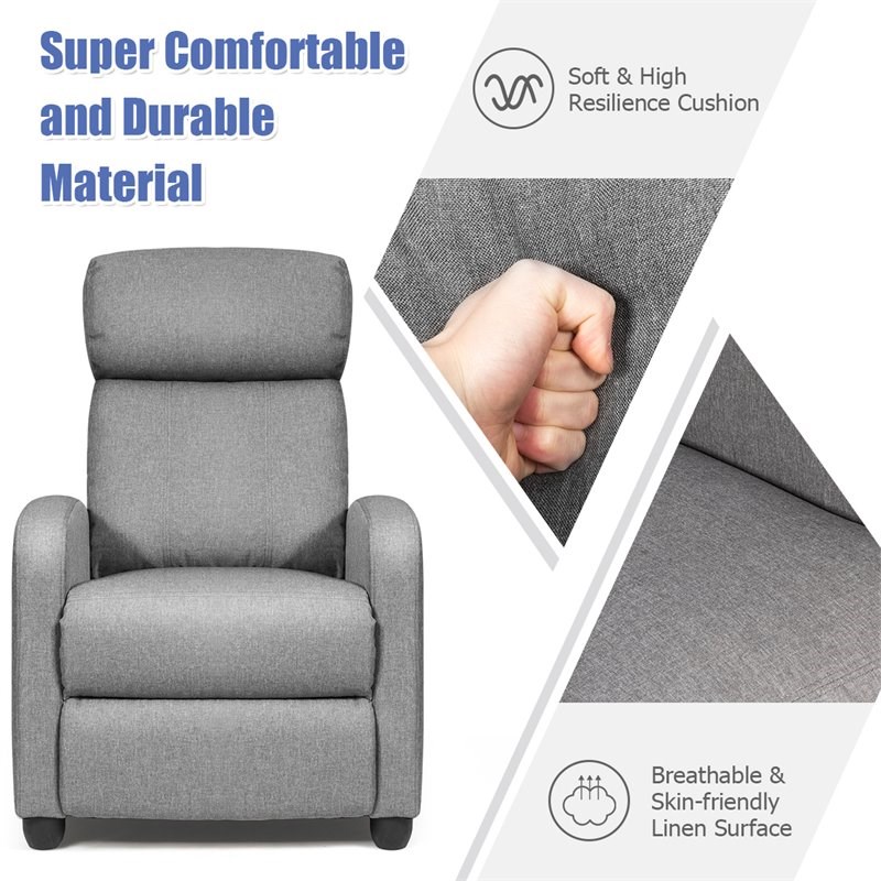 Costway Contemporary Fabric and Iron Recliner Chair with Padded Seat in Gray