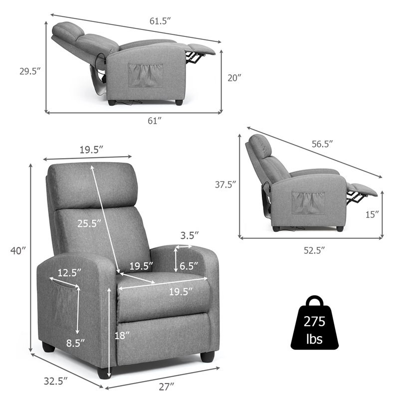 Costway Contemporary Fabric and Iron Recliner Chair with Padded Seat in Gray