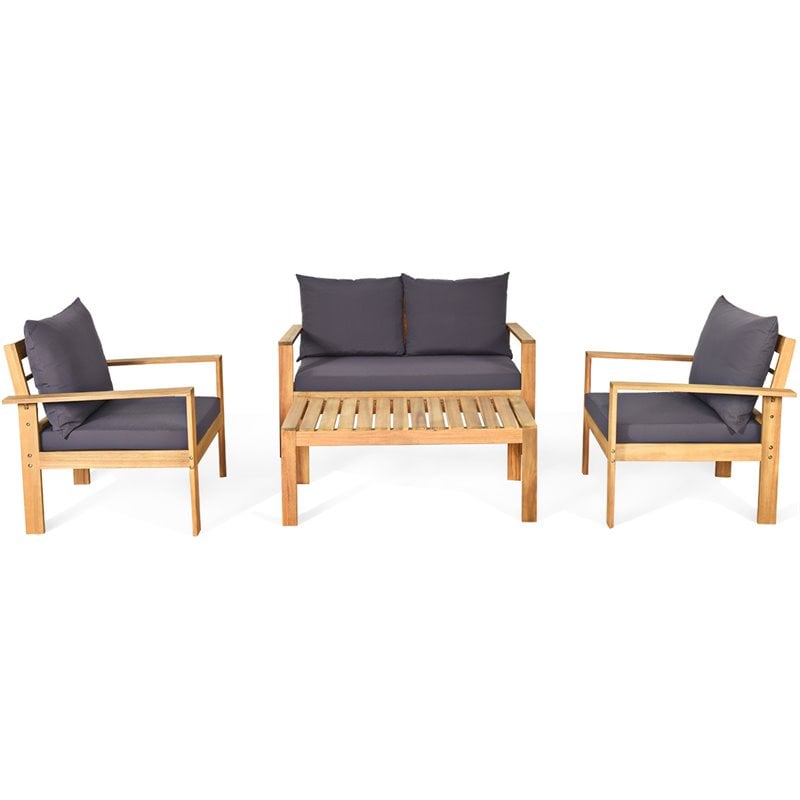 Costway 4-piece Thick Cushion Acacia Wood Patio Garden Furniture Set in Natural