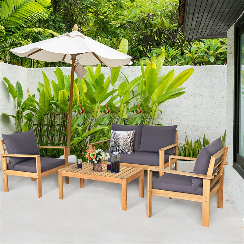 Costway 4-piece Thick Cushion Acacia Wood Patio Garden Furniture Set in Natural