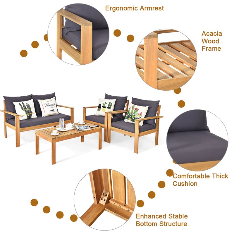 Costway 4-piece Thick Cushion Acacia Wood Patio Garden Furniture Set in Natural
