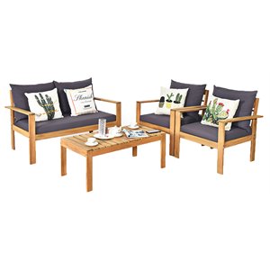 Costway 4-piece Thick Cushion Acacia Wood Patio Garden Furniture Set in Natural