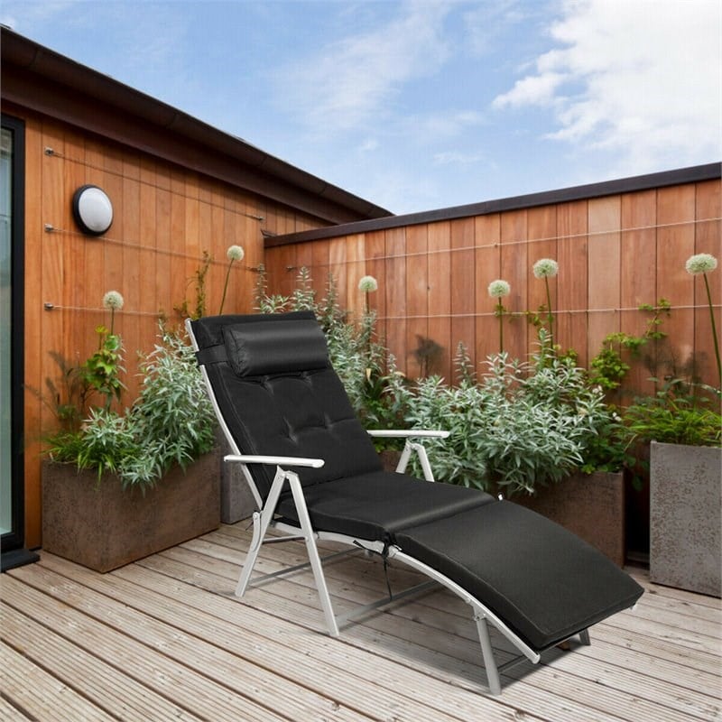 Costway Fabric Outdoor Folding Chaise Lounge Chair with Cushion in Black