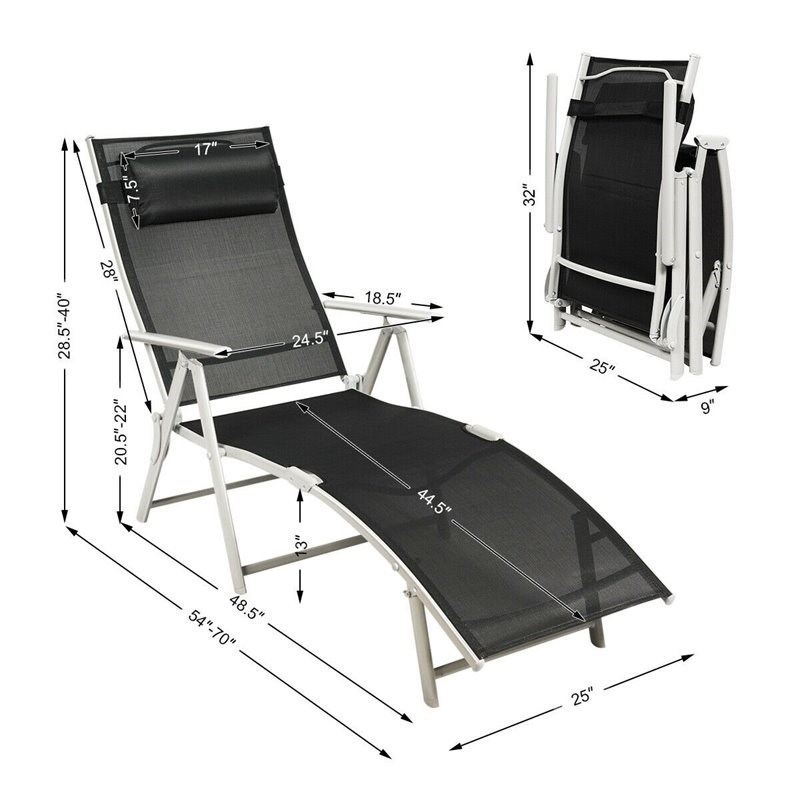 Costway Fabric Outdoor Folding Chaise Lounge Chair with Cushion in Black