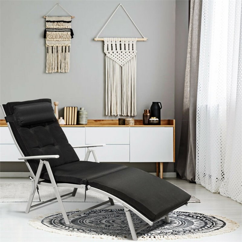 Costway Fabric Outdoor Folding Chaise Lounge Chair with Cushion in Black