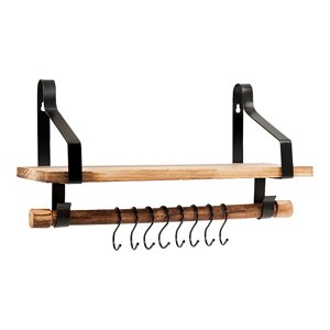 costway wall mount wood floating shelf with removable towel bar in natural/black