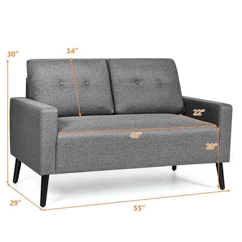 Costway 55'' Upholstered Modern Loveseat Sofa with Soft Cloth Cushion in Gray