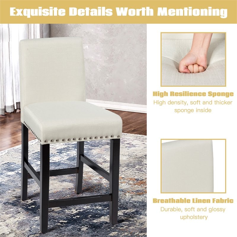 Costway 25'' Wood and Fabric Kitchen Breakfast Bar Stools in Beige (Set of 2)