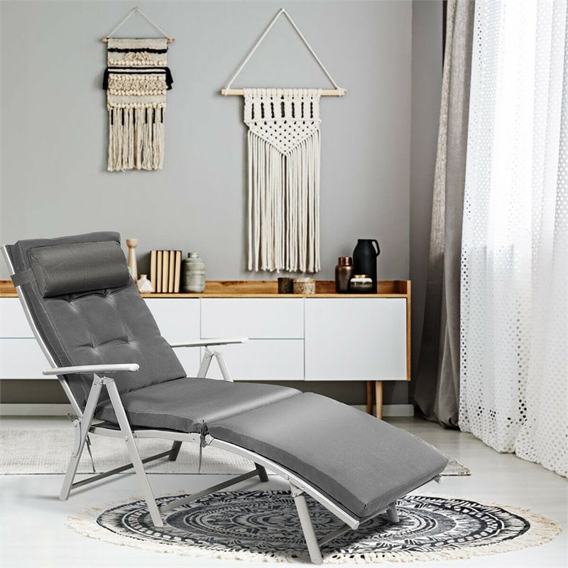 Costway Fabric Outdoor Folding Chaise Lounge Chair with Cushion in Gray