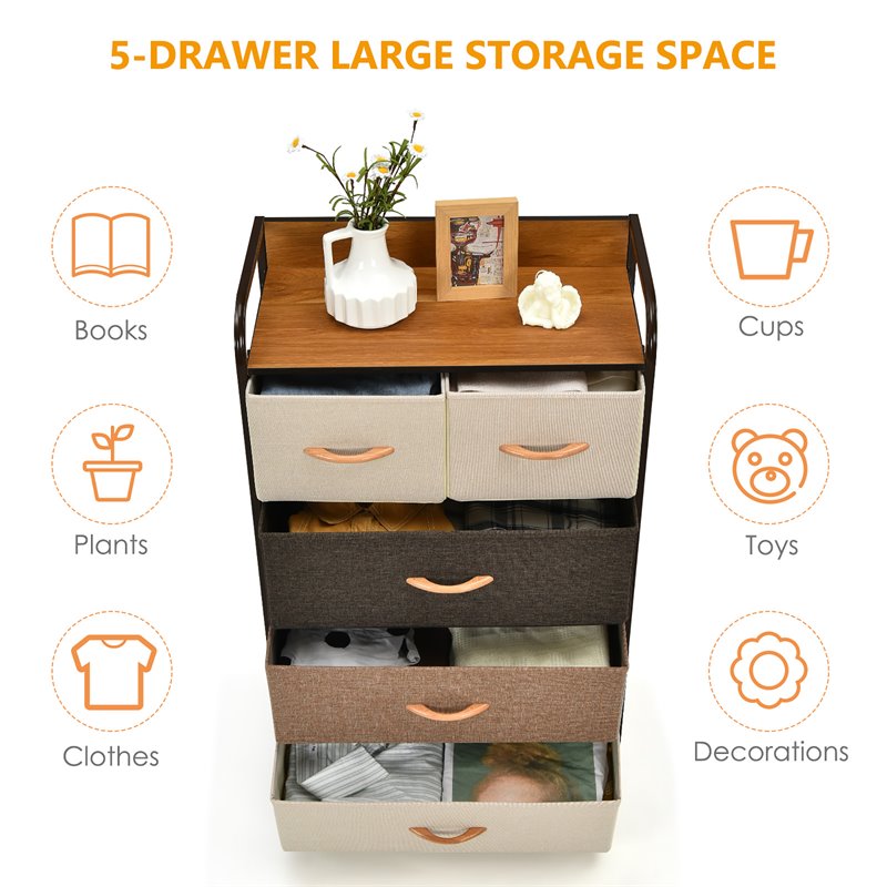 Costway 5 Drawer Dresser Fabric Storage Tower Organizer Unit Sturdy Steel  Frame