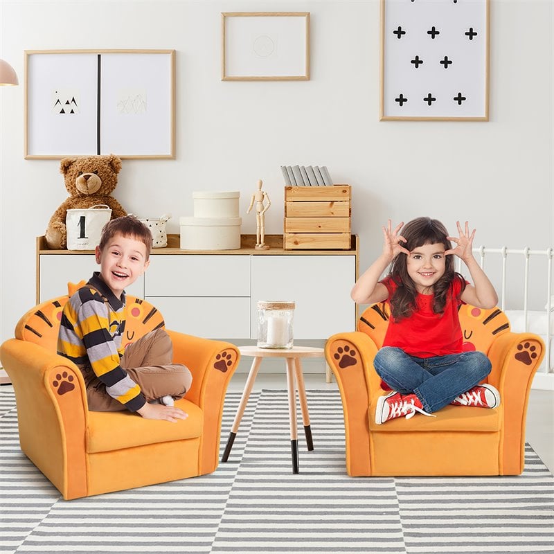 Costway Contemporary Eucalyptus and Velvet Lion Kids Sofa in Orange