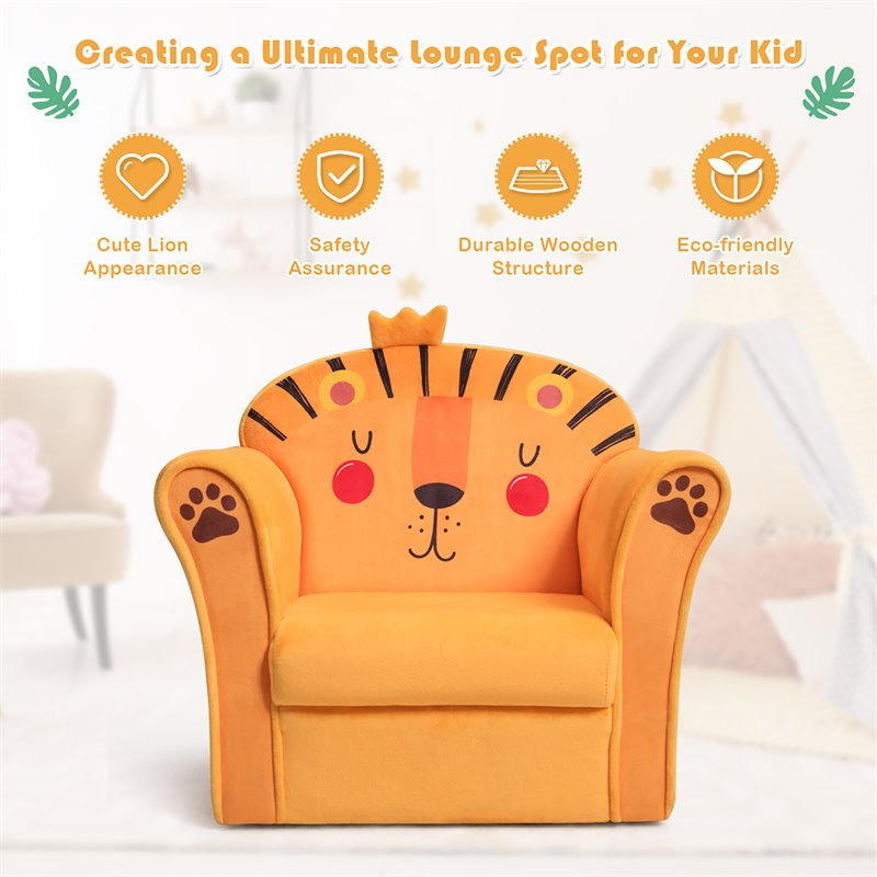 Costway Contemporary Eucalyptus and Velvet Lion Kids Sofa in Orange
