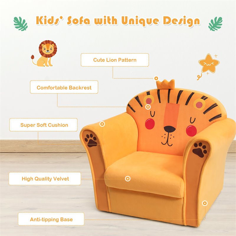Costway Contemporary Eucalyptus and Velvet Lion Kids Sofa in Orange