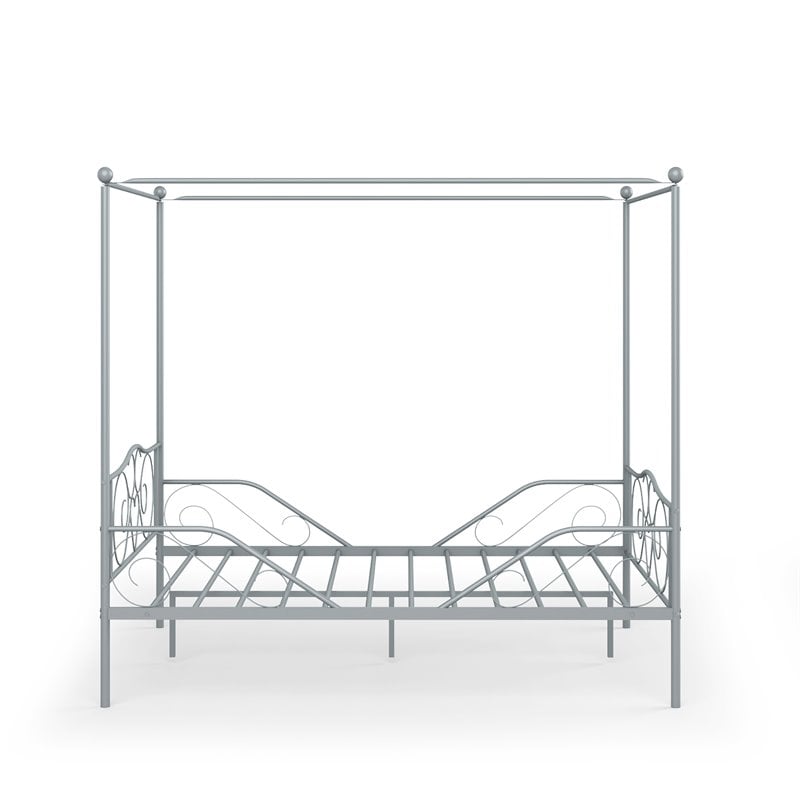 Costway Metal Full Size Canopy Bed Frame with 4 Poster Steel Slats in Pewter