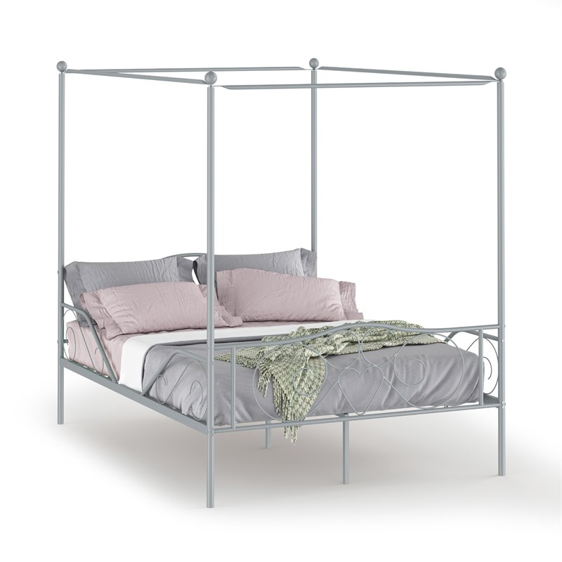 Costway Metal Full Size Canopy Bed Frame with 4 Poster Steel Slats in Pewter