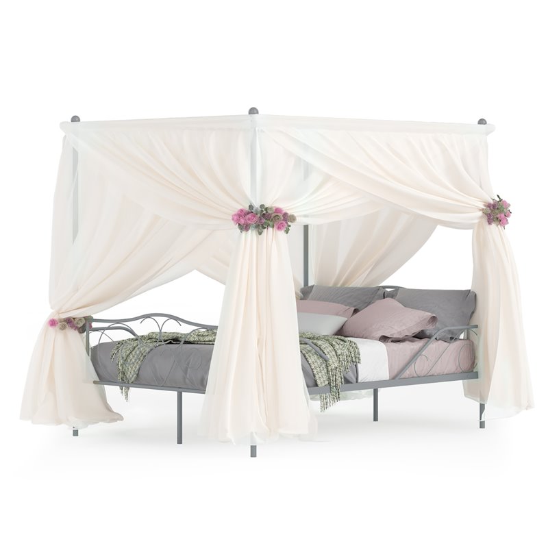 Costway Metal Full Size Canopy Bed Frame with 4 Poster Steel Slats in Pewter