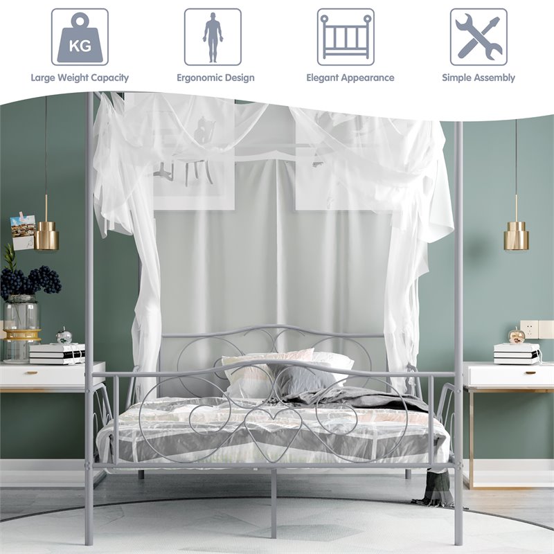 Costway Metal Full Size Canopy Bed Frame with 4 Poster Steel Slats in Pewter