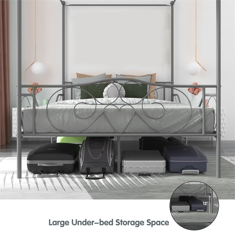 Costway Metal Full Size Canopy Bed Frame with 4 Poster Steel Slats in Pewter