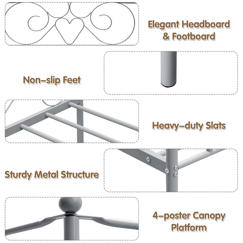 Costway Metal Full Size Canopy Bed Frame with 4 Poster Steel Slats in Pewter