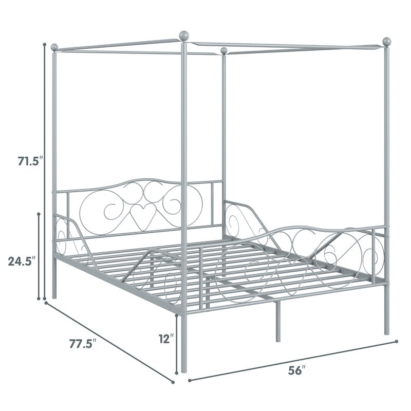 Costway Metal Full Size Canopy Bed Frame with 4 Poster Steel Slats in Pewter