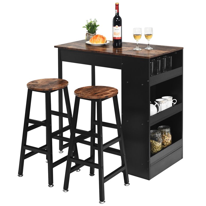 Costway 3-piece Industrial Steel Counter Bar Table Set with Storage in Black