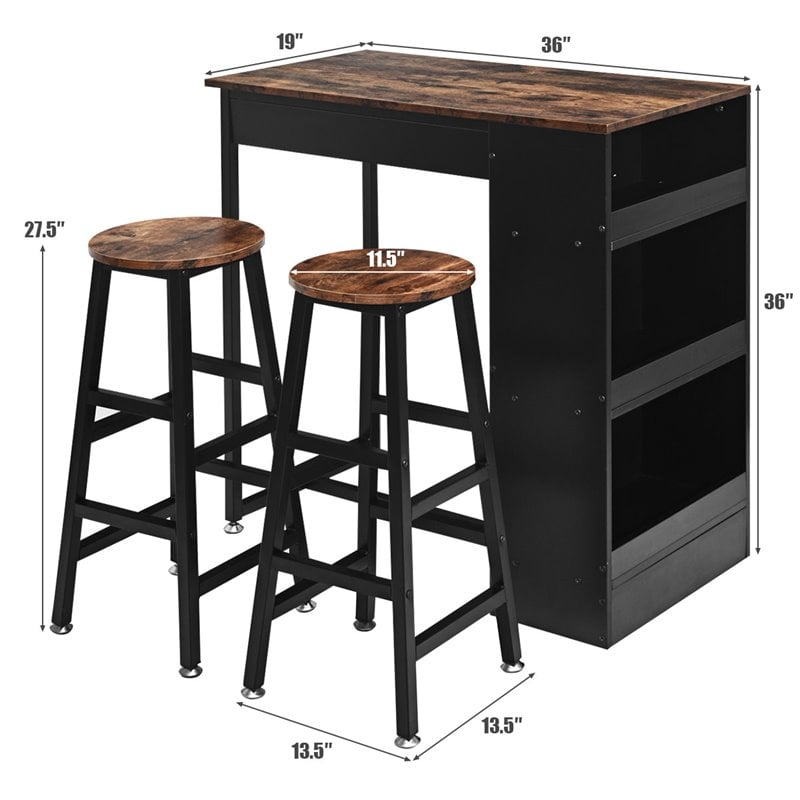 Costway 3-piece Industrial Steel Counter Bar Table Set with Storage in Black