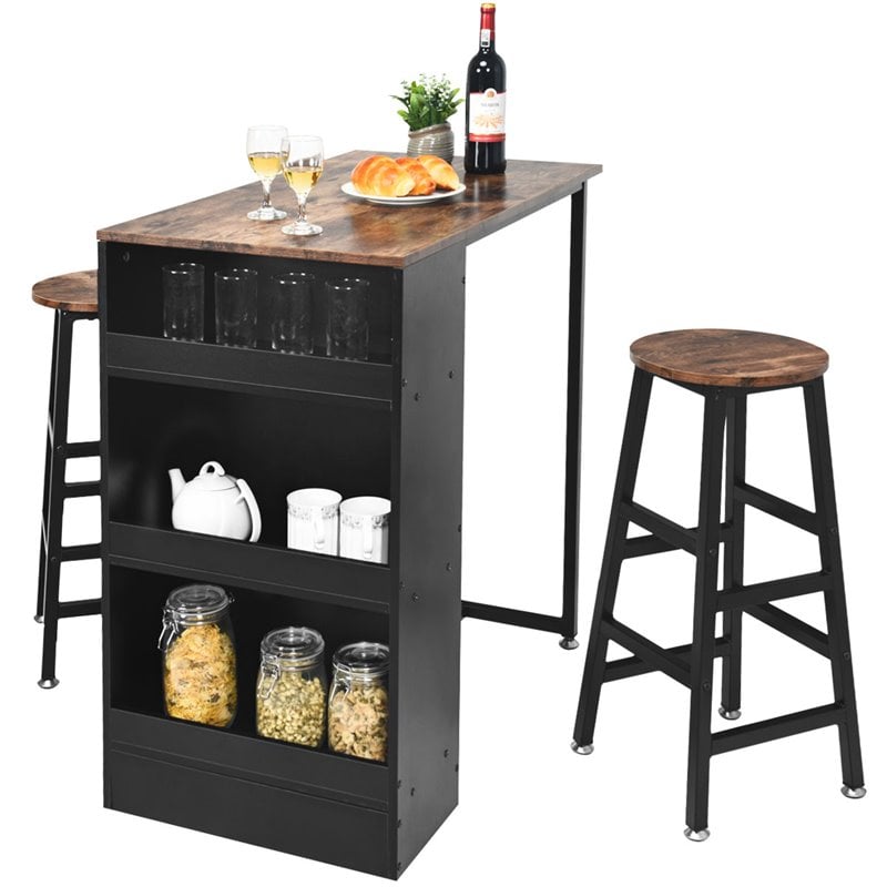 Costway 3-piece Industrial Steel Counter Bar Table Set with Storage in Black