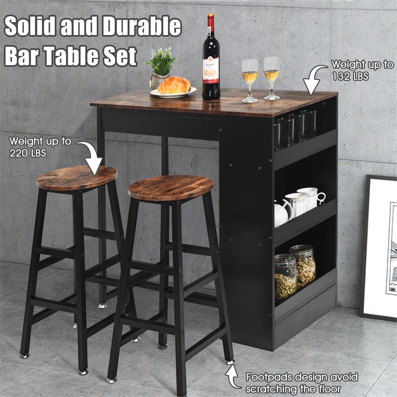 Costway 3-piece Industrial Steel Counter Bar Table Set with Storage in Black