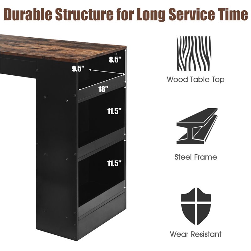 Costway 3-piece Industrial Steel Counter Bar Table Set with Storage in Black