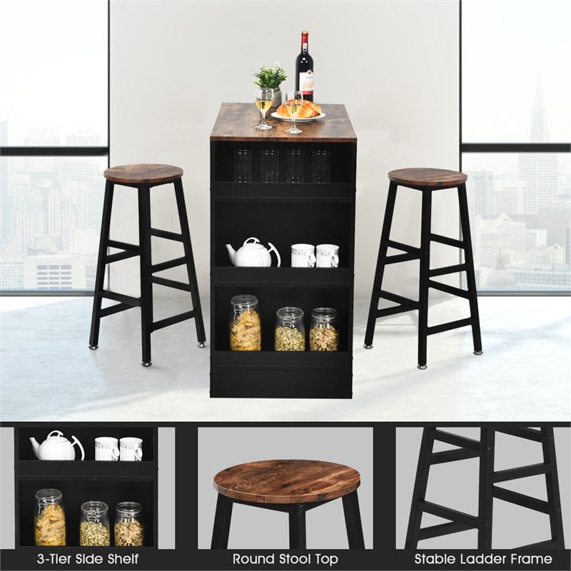 Costway 3-piece Industrial Steel Counter Bar Table Set with Storage in Black