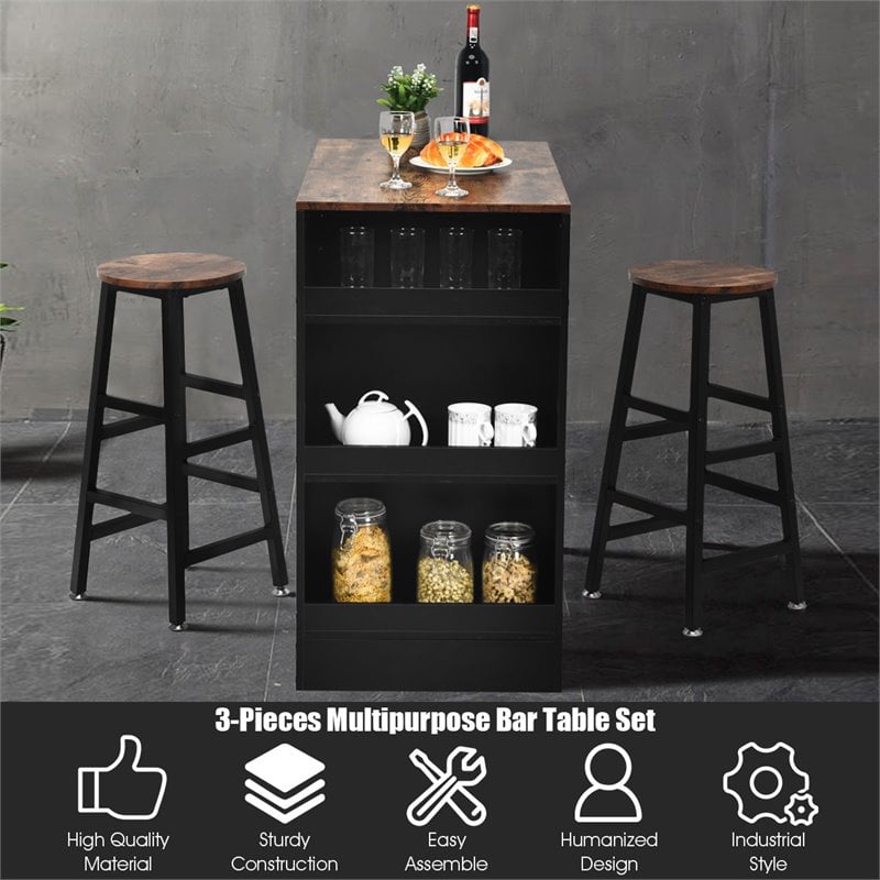 Costway 3-piece Industrial Steel Counter Bar Table Set with Storage in Black