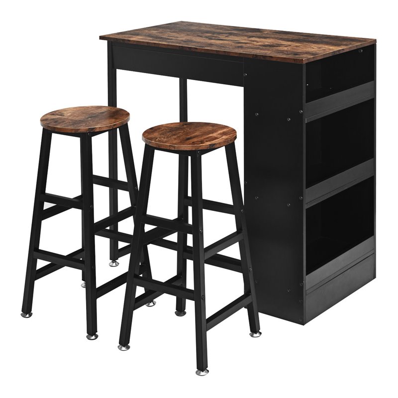 Costway 3-piece Industrial Steel Counter Bar Table Set with Storage in Black